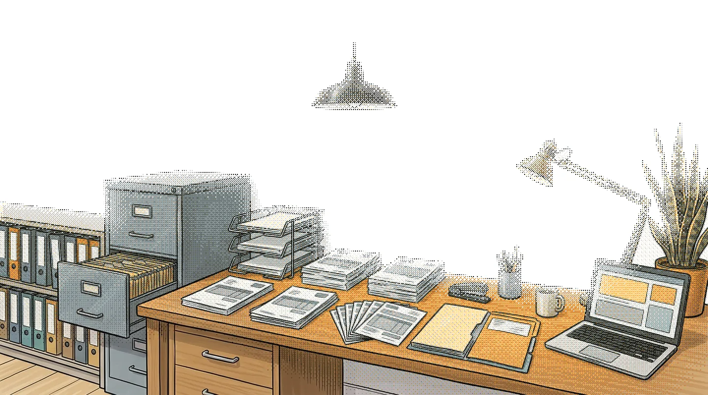 Illustration of a small office desk where paperwork is being sorted: a steel filing cabinet with a drawer pulled out, shelves of ring binders, wire letter trays, piles of forms, an open folder and a laptop, with a pendant lamp, an arm lamp and a snake plant