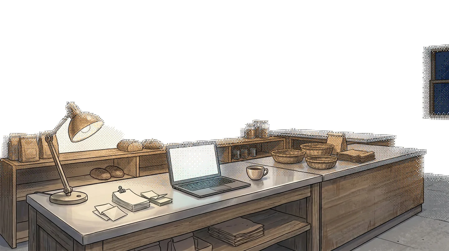 Illustration of a small bakery counter late at night, one lamp lit over a neat stack of bills and an open laptop