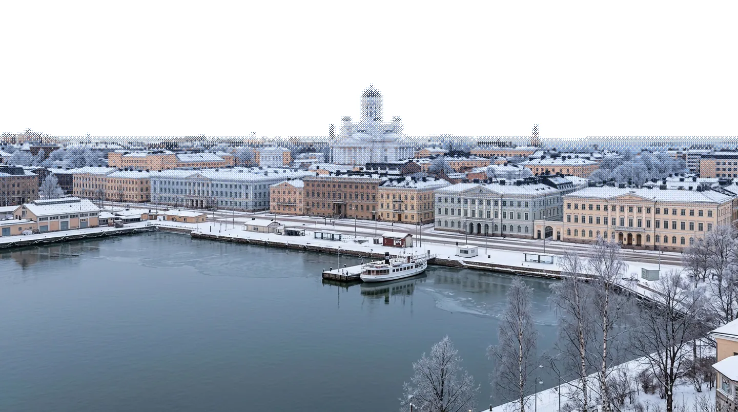 Illustration of Helsinki South Harbour in early snow, the cathedral above the waterfront