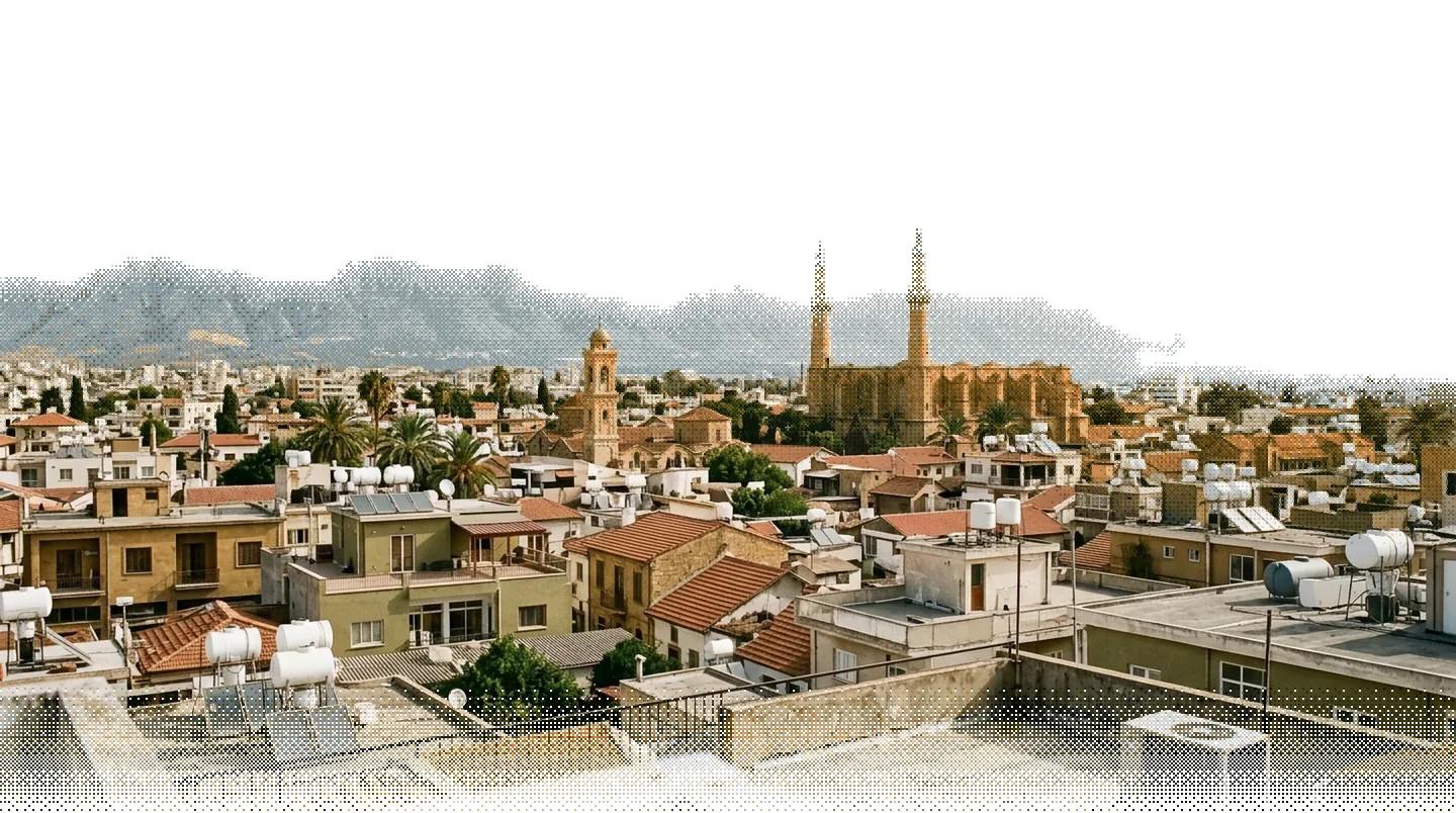 Illustration of the rooftops of old Nicosia, the twin minarets rising toward the Pentadaktylos mountains