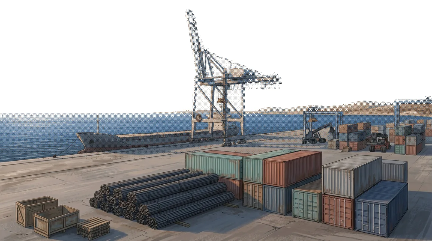 Illustration of a quiet container quay at dawn, bundles of steel rebar and stacked containers beside a gantry crane and a moored cargo ship