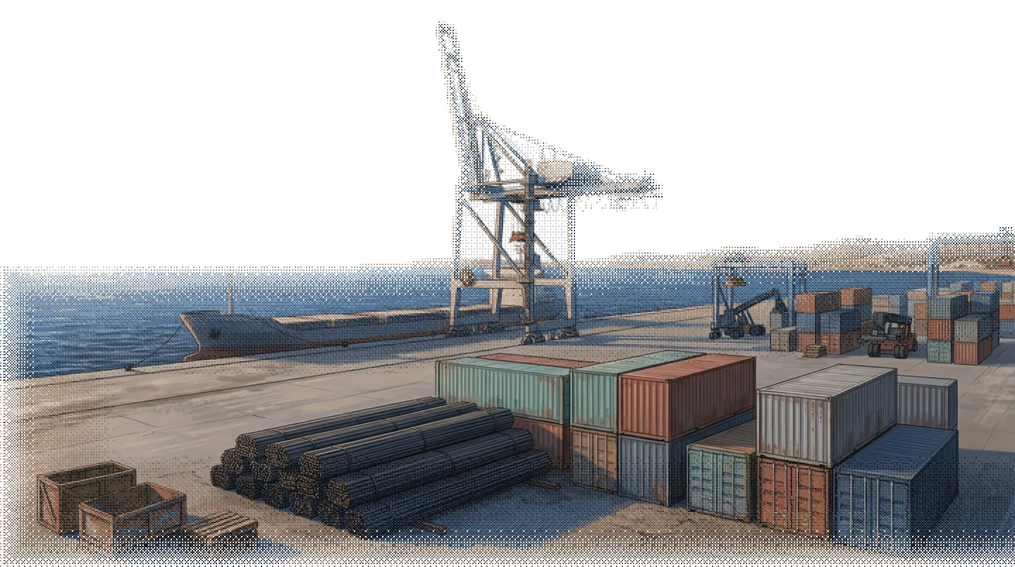 Illustration of a quiet container quay at dawn, bundles of steel rebar and stacked containers beside a gantry crane and a moored cargo ship