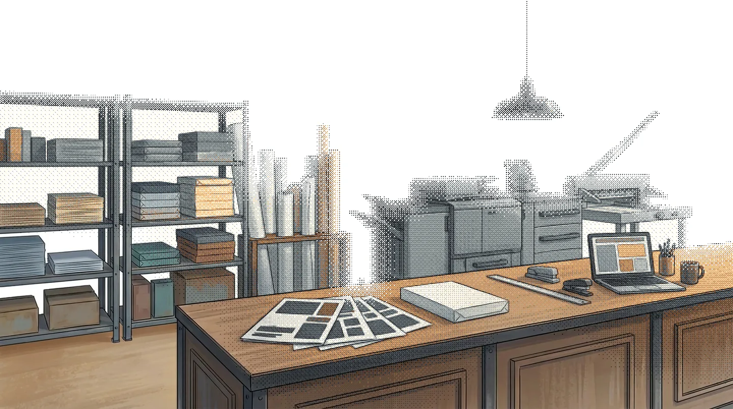 Illustration of a small print shop counter in the early morning: steel shelves of paper reams, upright paper rolls, a production printer and a lever guillotine under a pendant lamp, with fanned proofs, a ream and an open laptop on the wooden counter