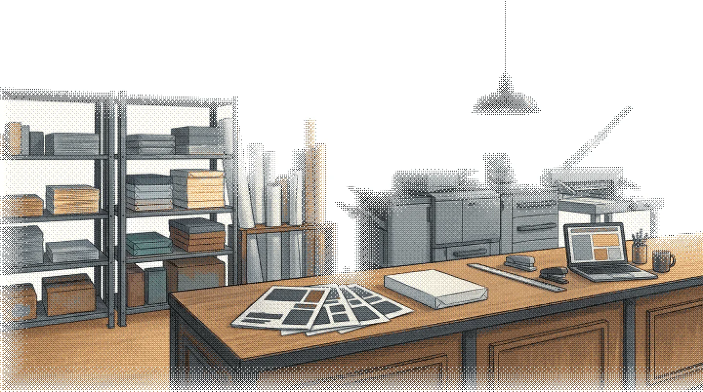 Illustration of a small print shop counter in the early morning: steel shelves of paper reams, upright paper rolls, a production printer and a lever guillotine under a pendant lamp, with fanned proofs, a ream and an open laptop on the wooden counter